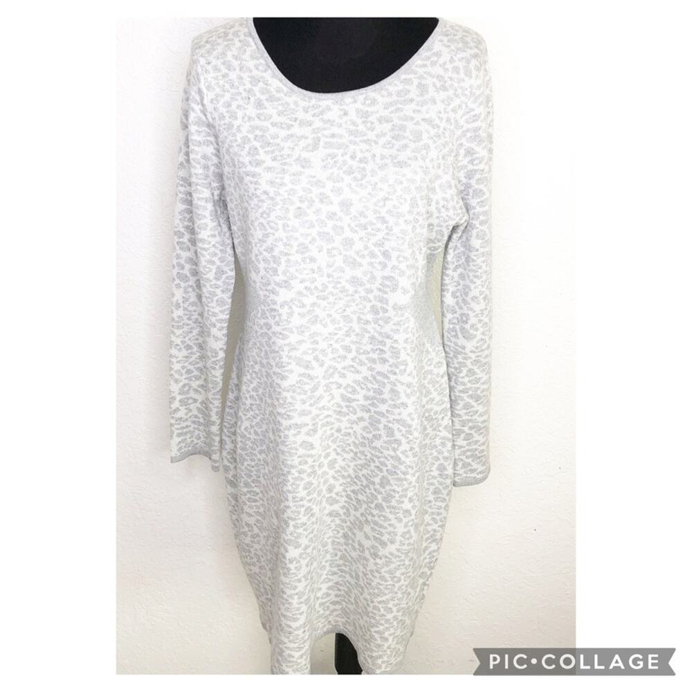 Karl Lagerfeld silver‎ gray white metallic leopard sweater midi dress size XL
